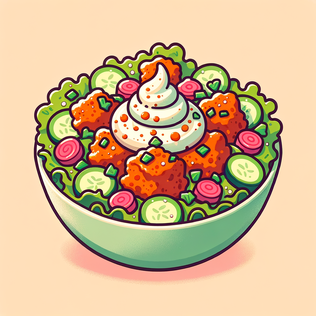 A deep bowl filled with shredded green lettuce leaves, topped with sliced cucumbers, chunks of spicy buffalo-style chicken coated in orange sauce, a swirl of white ranch dressing, scattered tiny pink pickled beet cubes and chopped cilantro.