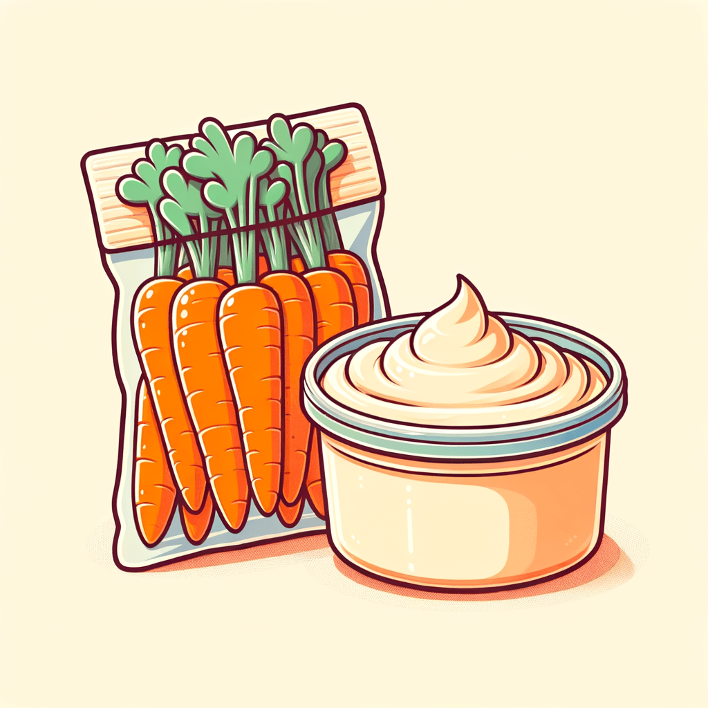 Small bag of bright orange baby carrots next to an open plastic tub of creamy white garlic spread.