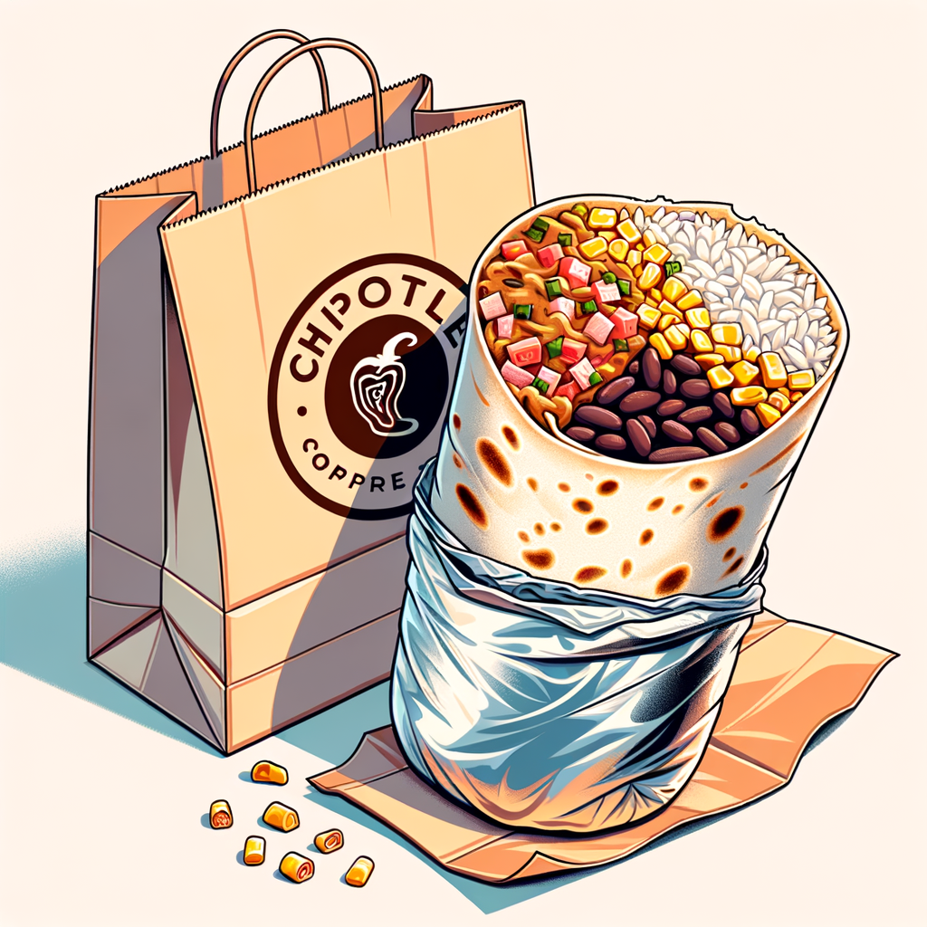 A large flour tortilla burrito partially unwrapped in foil to expose fluffy rice, black beans, golden corn salsa and savory meat, with a Chipotle paper bag behind it.