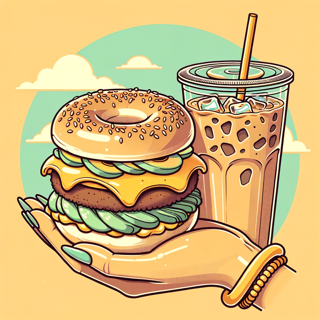 A split everything bagel sandwich layered with fluffy yellow scrambled egg, bright green avocado spread, and a golden-brown patty, accompanied by a clear plastic cup of iced latte showing light brown coffee and ice cubes.