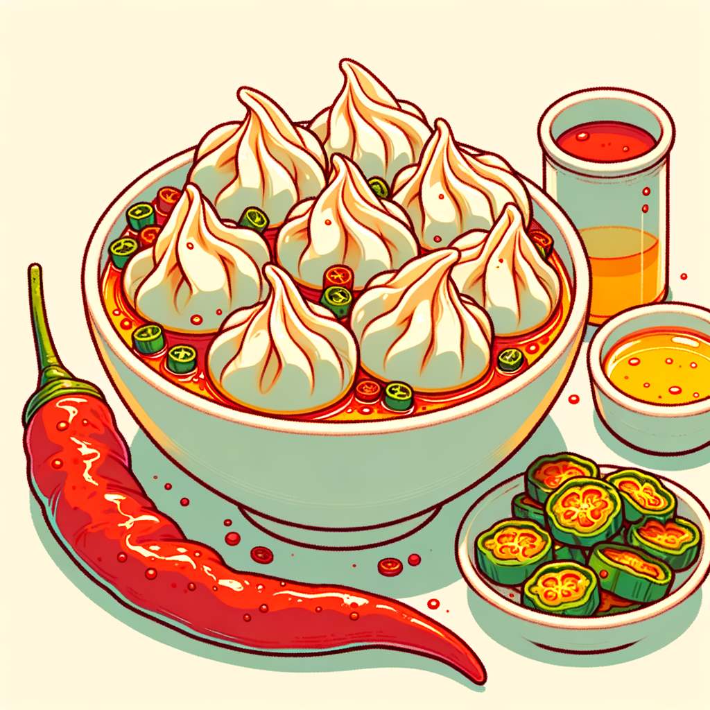 A white bowl filled with plump wonton-style dumplings drenched in bright red chili oil, alongside a small plate with blistered green peppers and golden slices of roasted sweet potato.