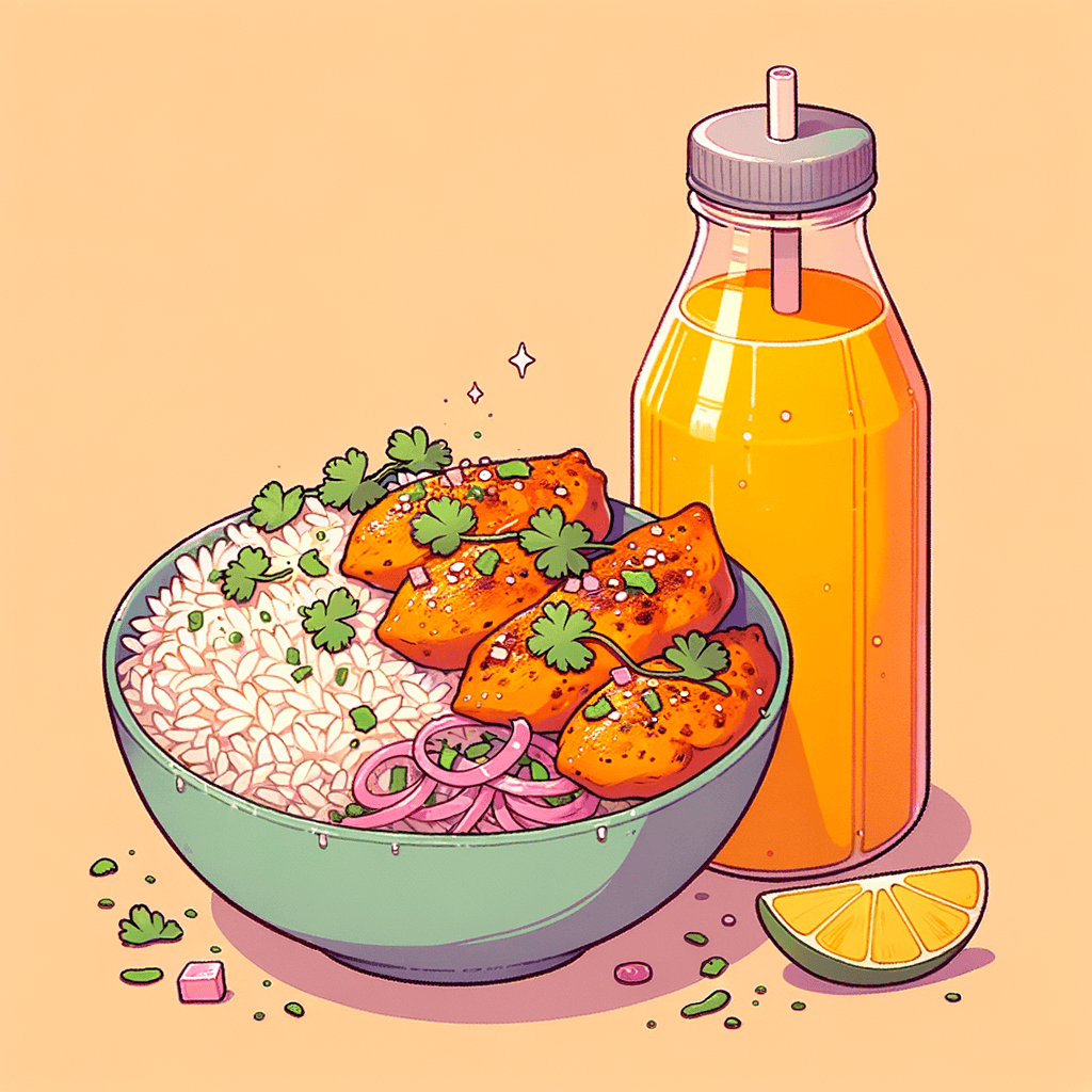 A shallow round bowl filled with white basmati rice topped with golden-orange pieces of spiced grilled chicken, sprinkled with chopped cilantro and bits of pink pickled onions, beside a tall clear bottle labeled 'Mango Lassi' filled with bright yellow smoothie.