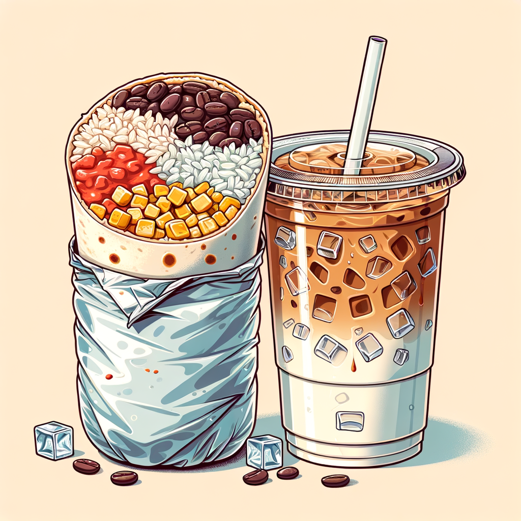 A burrito cut in half and partially wrapped in crinkled aluminum foil, revealing layers of white rice, black beans, sweet corn kernels, shredded meat, melted cheese, and red salsa within a soft flour tortilla; alongside a transparent plastic cup filled with ice and light-brown iced coffee, topped with a clear plastic lid and a paper straw.