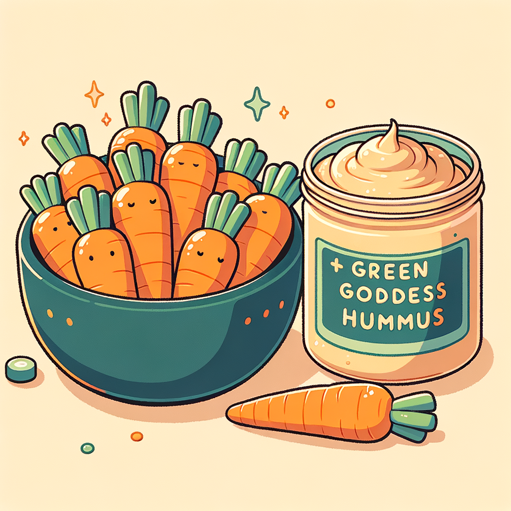 A small dark bowl filled with bright orange baby carrots alongside an open container of creamy beige hummus labeled “Green Goddess Hummus.”
