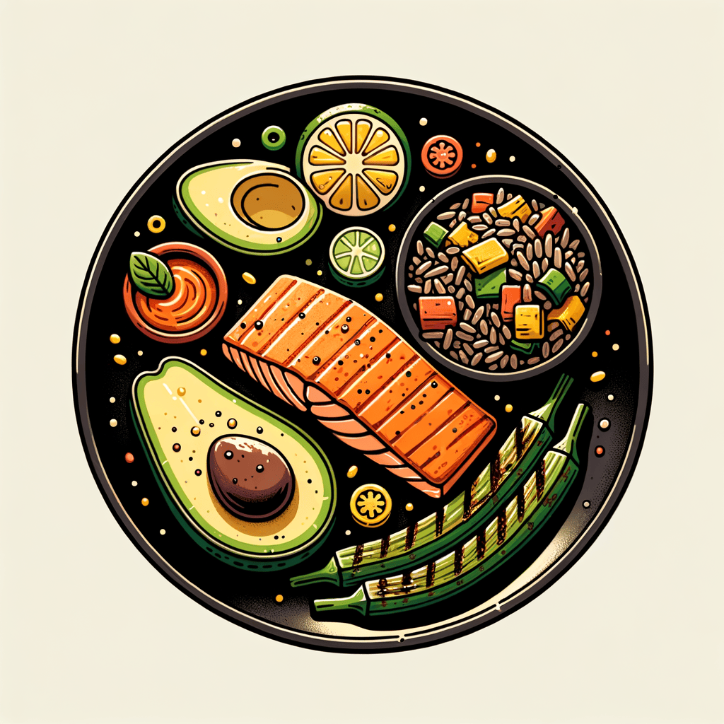 A black plate with a charred-skinned salmon fillet resting on a wild rice and vegetable medley, accompanied by a sliced avocado half, grilled okra drizzled with orange sauce, and a lime wedge.