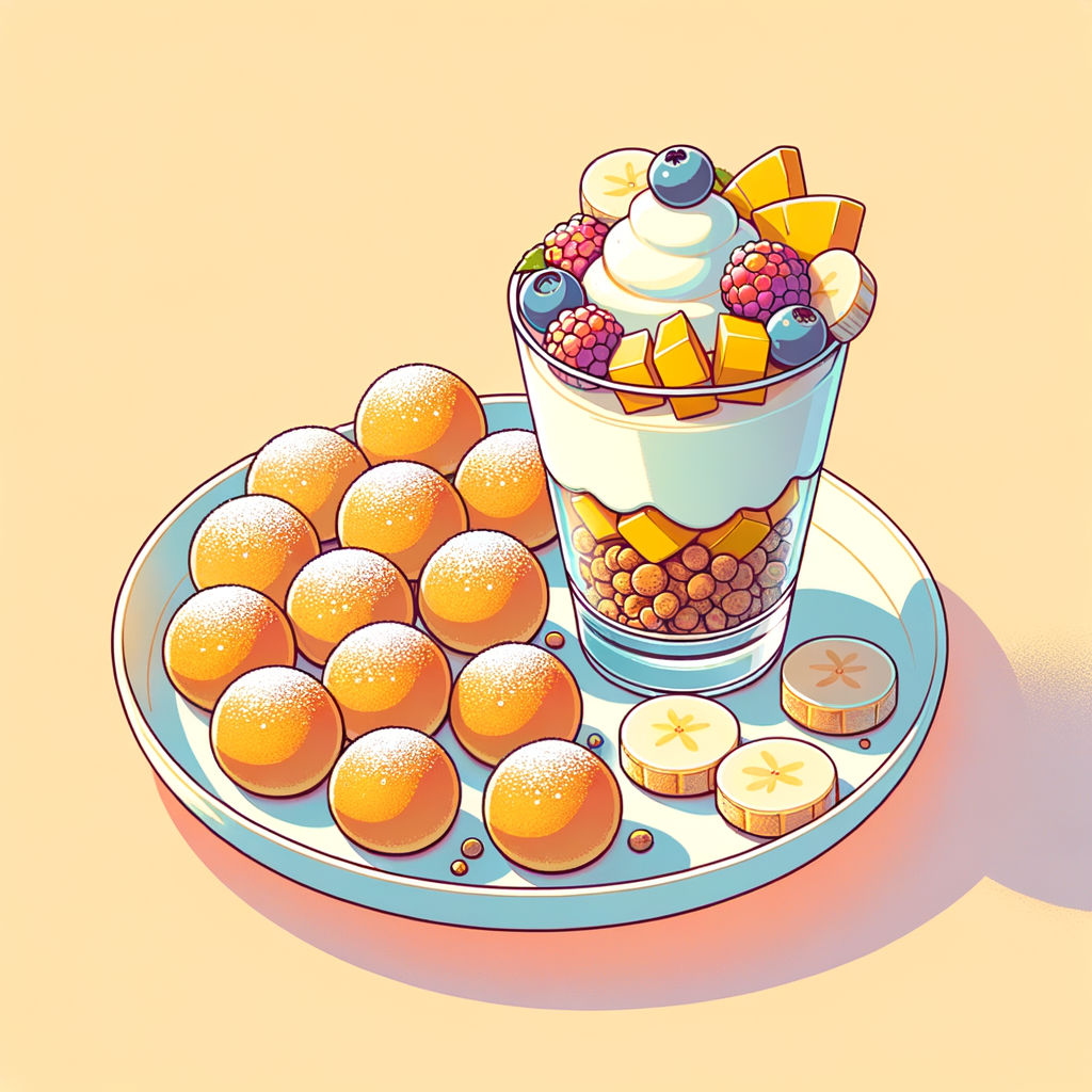 A white round plate filled with golden-brown miniature pancake balls lightly dusted with powdered sugar and garnished with banana slices, alongside a clear glass parfait cup showing alternating layers of creamy yogurt, crunchy granola, and colorful fresh berries and diced mango stacked neatly on top.