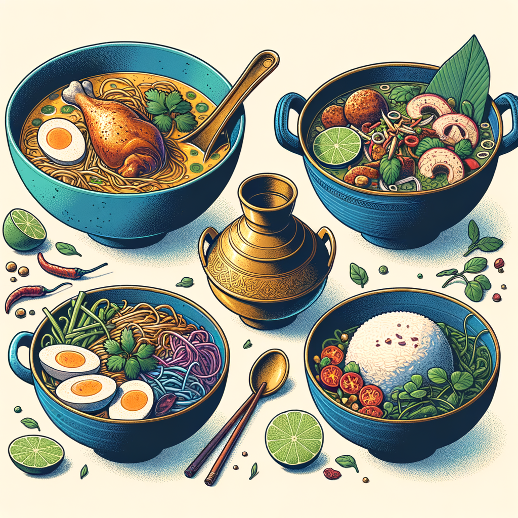 A blue ceramic bowl of khao soi featuring golden coconut curry broth with a chicken drumstick, topped with crispy noodles, microgreens and a lime wedge; next to it, a brass hot pot filled with steaming beef noodle soup with sliced meat, meatballs, bean sprouts and fresh herbs in rich broth; a green bowl holding sliced pork salad garnished with chopped herbs and a lime wedge; another deep blue bowl of green papaya salad with shredded papaya, cherry tomatoes, red chilies and crushed peanuts; and a separate bowl of plain steamed white rice.