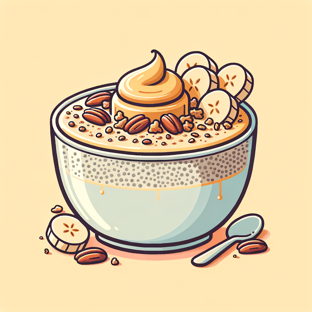 A round bowl filled with creamy chia seed pudding topped with banana slices arranged around the rim, sprinkled with granola and pecans, and a smooth dollop of peanut butter in the center.