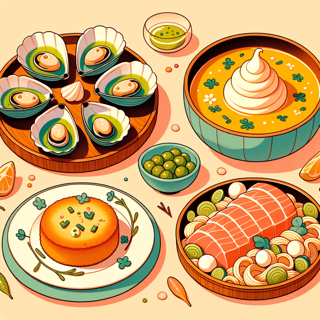 On a wooden table under soft candlelight: four opened clam shells filled with pale cream sauce drizzled in green herb oil and topped with small seaweed squares next to a bowl of sliced raw tuna immersed in orange broth; a plate with a crisp golden-brown breaded cutlet beside pickled cucumber slices and a bowl of verdant green pea sauce–coated pasta sprinkled with white cheese; and a round dome of pale yellow mousse sitting atop segmented citrus in a shallow dish.