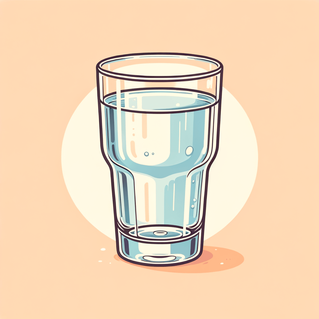 A tall clear drinking glass filled with still water, held by a hand against a softly lit background.