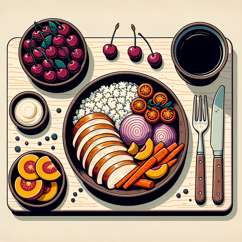 An overhead view of a dark ceramic bowl containing sliced roasted chicken atop white rice and mashed potatoes, with roasted carrot pieces, cherry tomato halves and thin red onion slices, alongside a matching dark plate holding neatly arranged wedges of white-fleshed nectarines, glossy cherries and plump blueberries, on a light wooden surface.