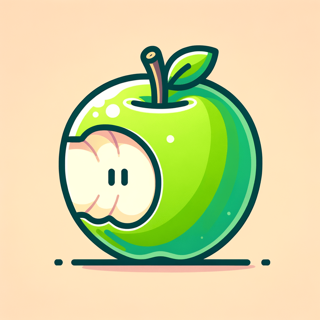 A bright green apple with a single bite in its side revealing the pale, juicy flesh beneath the skin.