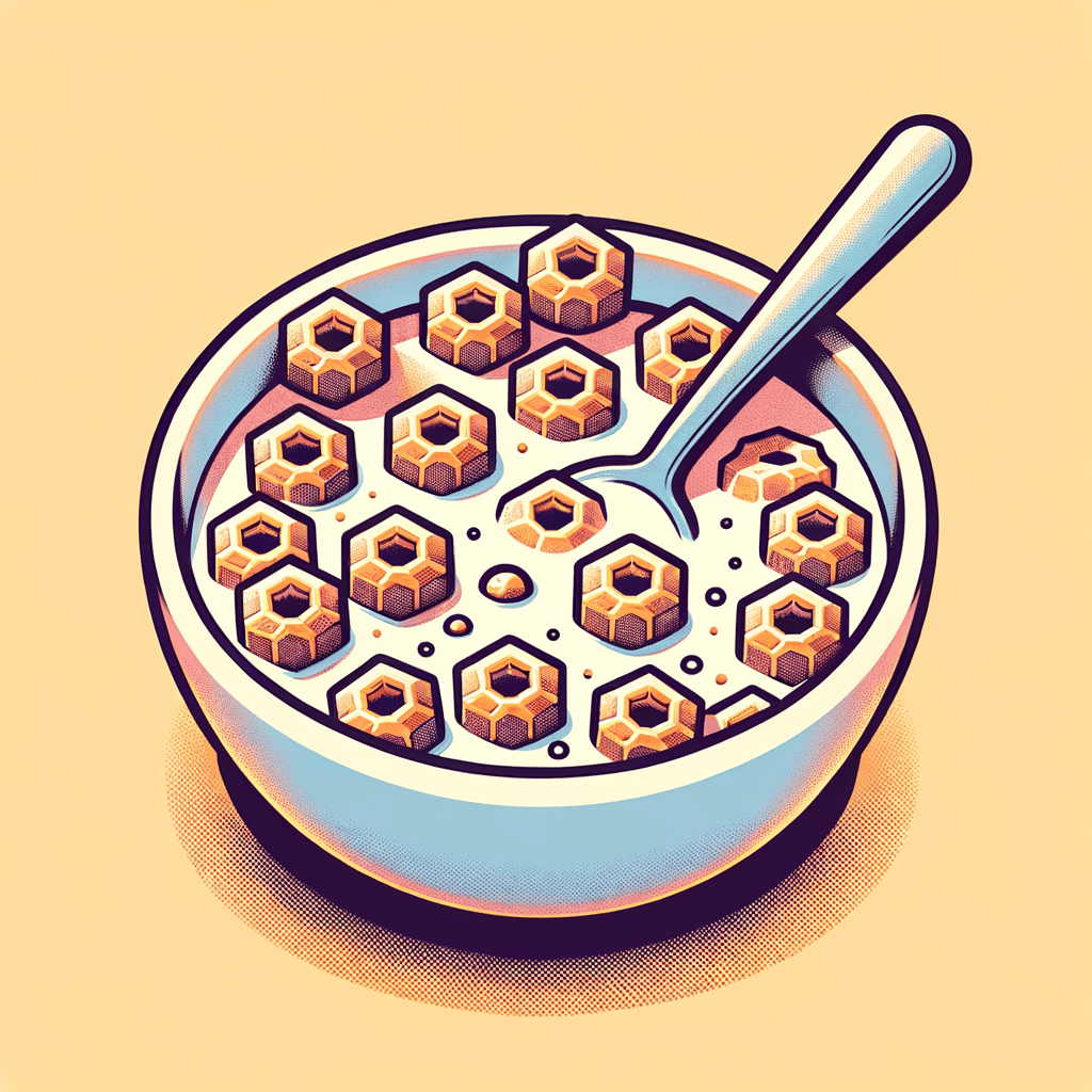 A bowl brimming with round honeycomb-patterned cereal pieces floating in white milk, with a spoon partially submerged.