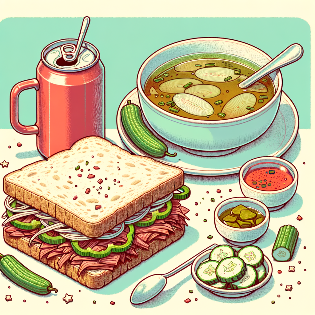 A halved crusty sandwich filled with shredded roast beef and green pepper slices, accompanied by a bowl of clear broth soup garnished with chopped scallions, a small cup of pickled cucumber pieces, and a red can of herbal tea.