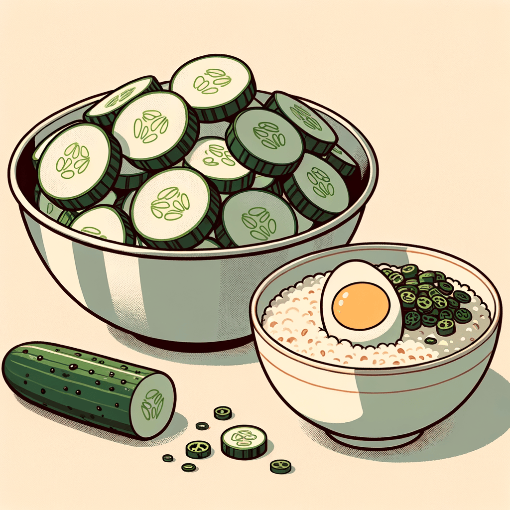 A stainless steel mixing bowl of sliced cucumber pieces coated in chili oil next to a small ceramic bowl of rice congee topped with a soft-boiled egg half, chopped scallions, and chili flakes.