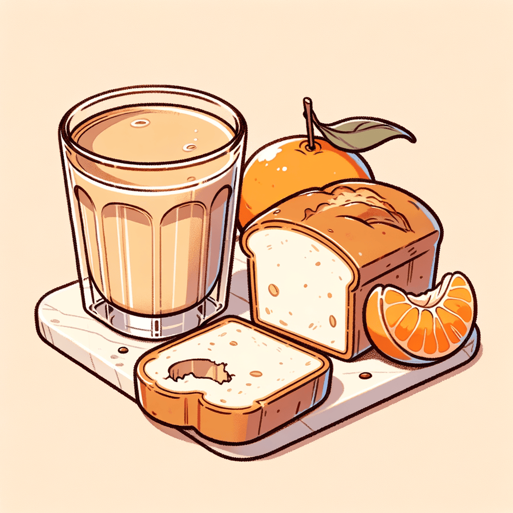 A clear short glass filled with creamy coffee on a marble countertop next to a partially eaten loaf of banana bread with a bite taken out, accompanied by two bright orange tangerines.