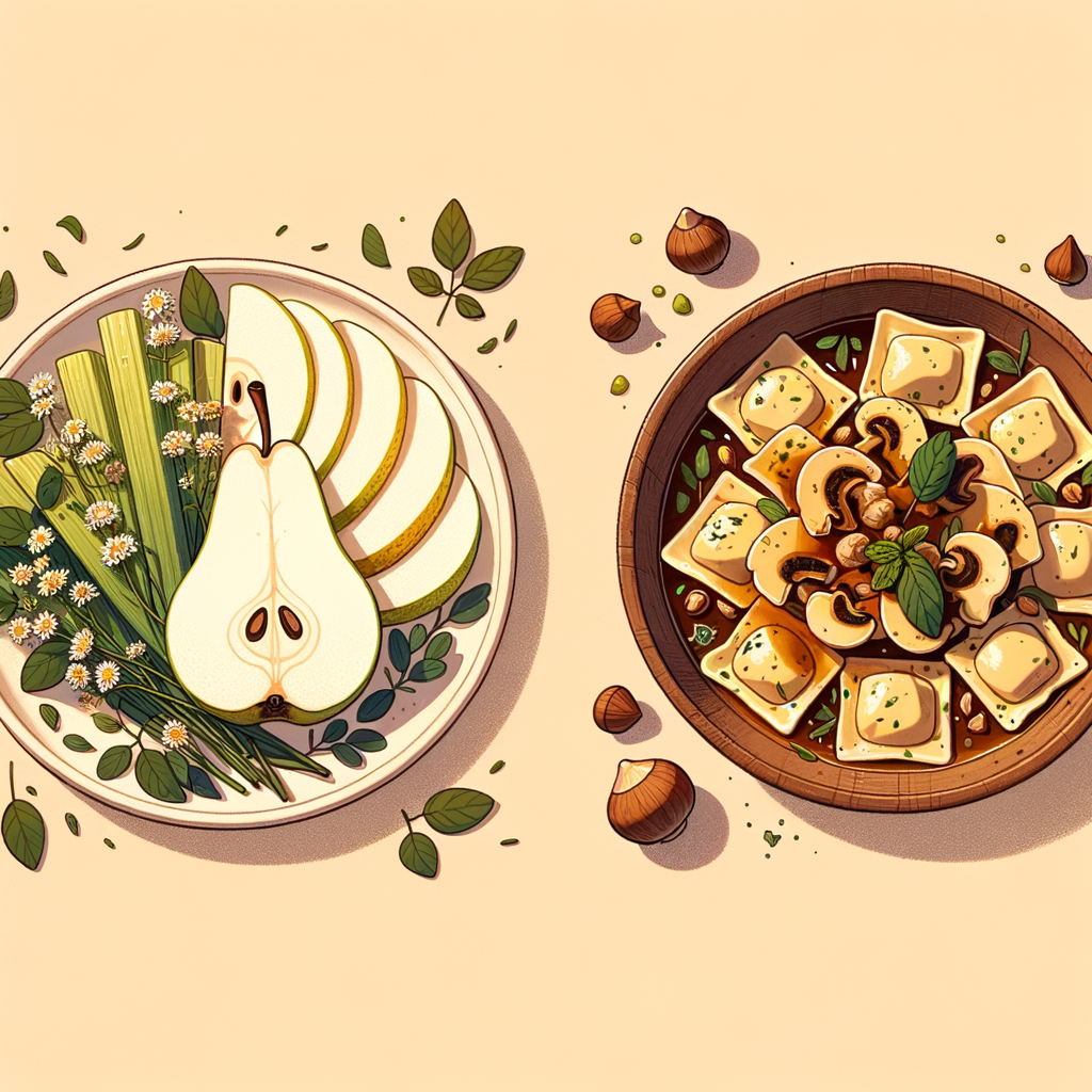 On a wooden table, a round white plate holds thin slices of fresh pear and green celery tossed with chamomile herb sprigs and toasted hazelnuts. Next to it, a rustic brown bowl contains square-cut ravioli drenched in glossy brown butter sauce with visible mushroom pieces.