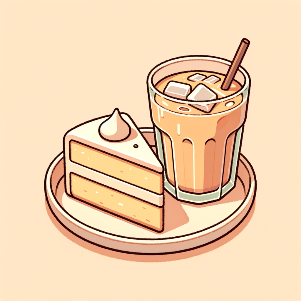 A small beige ceramic plate holding a single triangular slice of vanilla cake with white frosting at its base, next to a clear glass filled with light brown iced coffee.