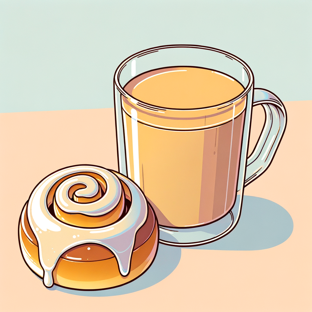 A transparent glass cup filled with light brown coffee with milk alongside a golden-brown cinnamon roll spiral drizzled with glossy icing.