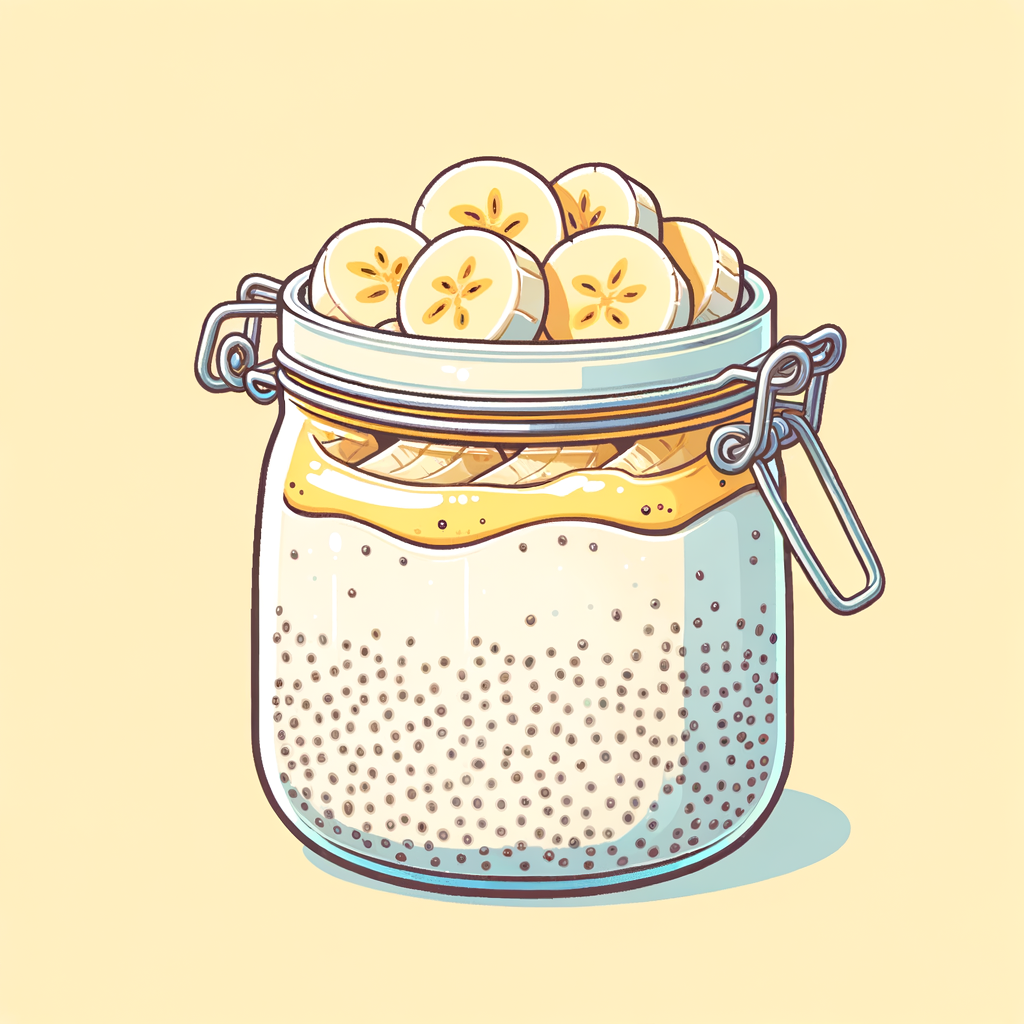 A clear glass jar filled with creamy chia seed pudding with visible speckles of chia seeds throughout a pale base, topped with a neat layer of banana slices.