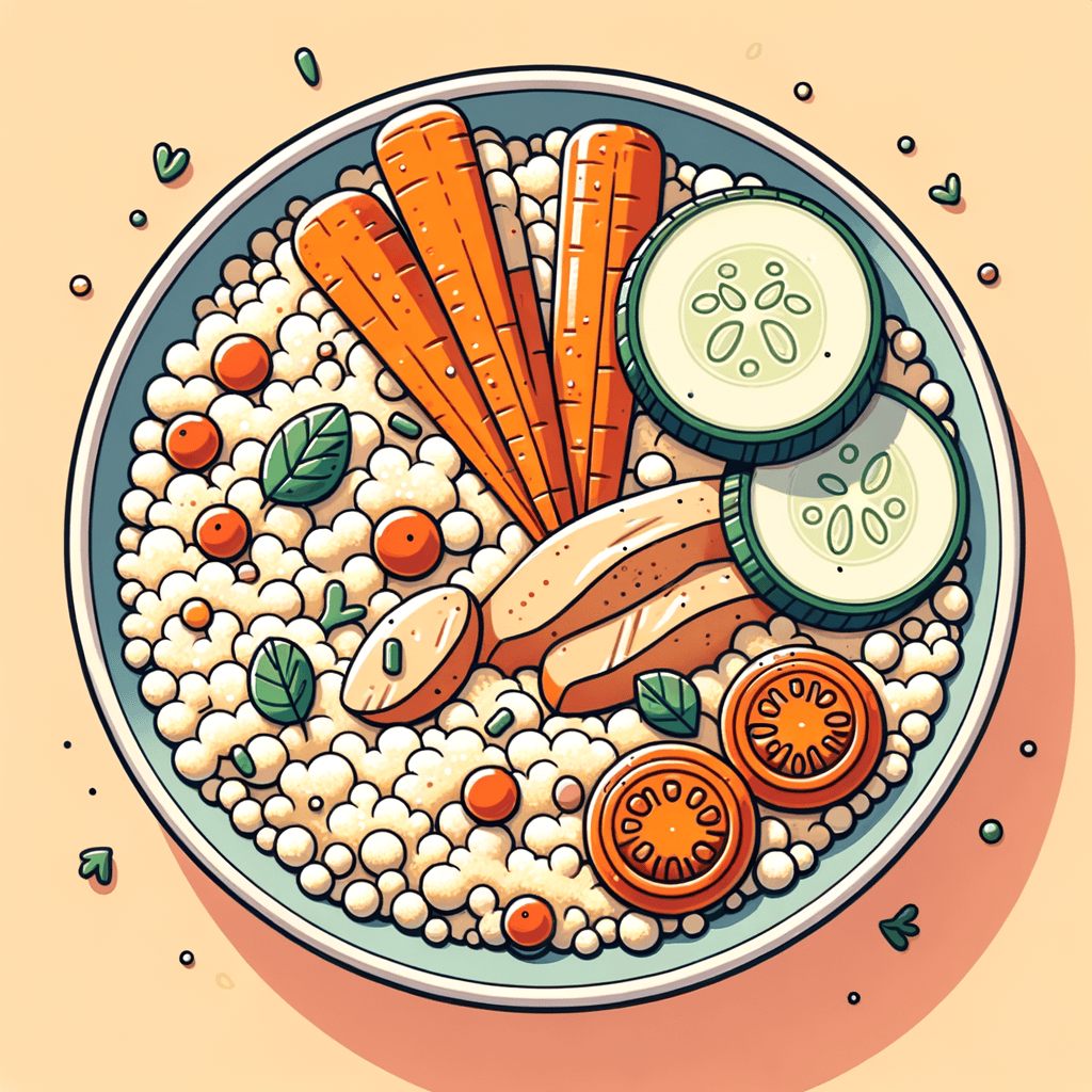 An overhead view of a bowl filled with fluffy couscous, scattered roasted carrot sticks, sliced cucumber rounds, halved cherry tomatoes, and bite-sized chicken pieces, garnished with chopped herbs.