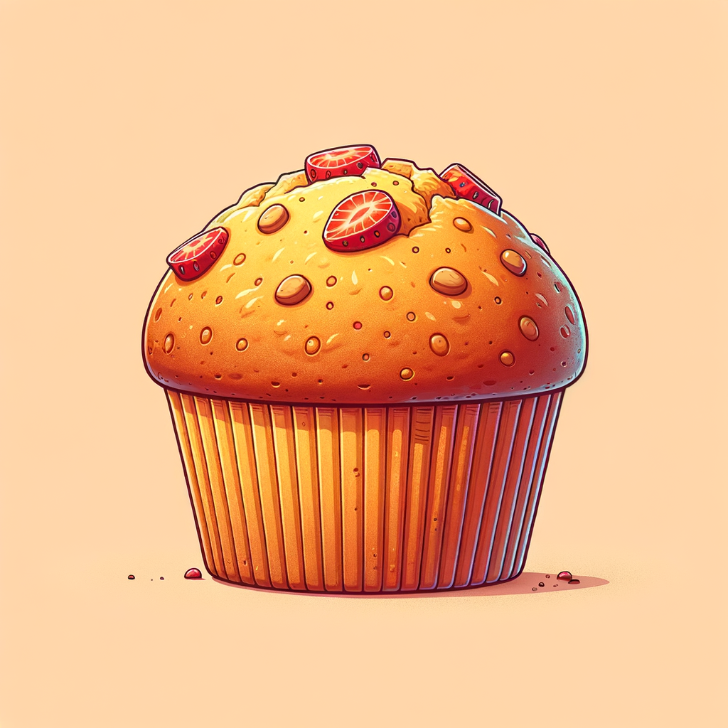 A halved golden-brown muffin studded with bits of red strawberry, revealing its tender, moist crumb.