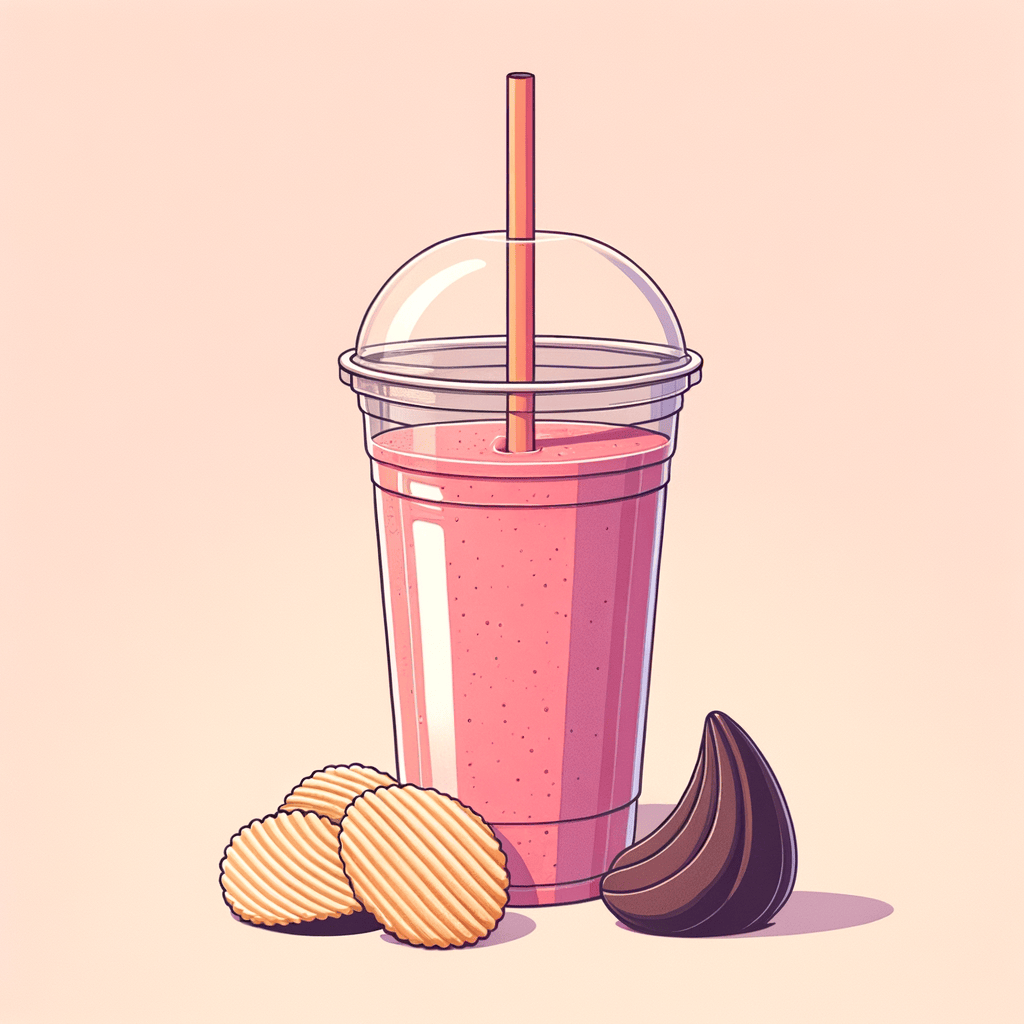 A tall clear plastic cup filled with a pink fruit smoothie showing a peach-colored straw, next to a few ridged potato chips coated in dark chocolate held in a hand.