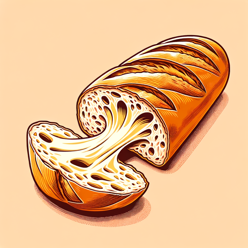 A close-up of a torn piece of baguette showing its crusty golden exterior and soft, airy interior.