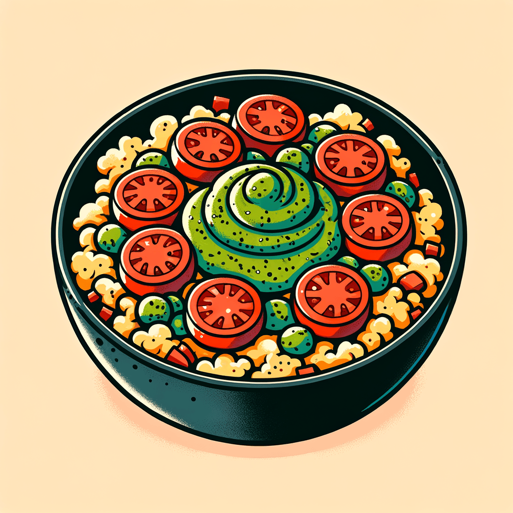 A black bowl containing scrambled eggs mixed with red tomato slices and generously topped with bright green pesto sauce.