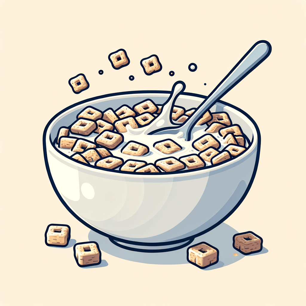 A white cereal bowl filled with milk and scattered light brown square wheat cereal pieces, with a spoon resting inside.