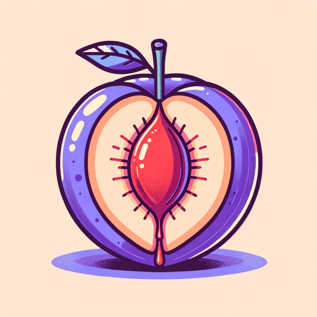 A hand gripping a halved purple plum that reveals its glistening red flesh.